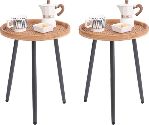 Miniatura 8 de Tiita Mesa auxiliar redonda mental, mesita de noche, mesas pequeñas de madera, mesa de centro con bandeja de madera para sala de estar, dormitorio