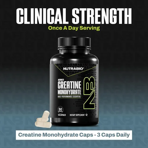 Miniatura 7 de NutraBio Cápsulas de Monohidrato de Creatina Micronizada Pura, Píldoras de Creatina, Apoya la Energía Muscular para Volumen, la Recuperación