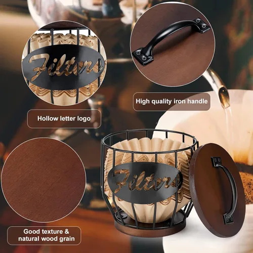 Miniatura 4 de Yangbaga Soporte para filtro de café con tapa de madera, cesta de almacenamiento de filtro de café de madera y metal para filtros de café de 2 a 4
