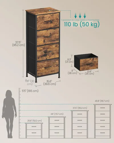 Miniatura 2 de SONGMICS Cómoda para dormitorio, cómoda, acero, MDF, 4 cajones de tela no tejida, unidad organizadora de almacenamiento, armario, entrada, marrón
