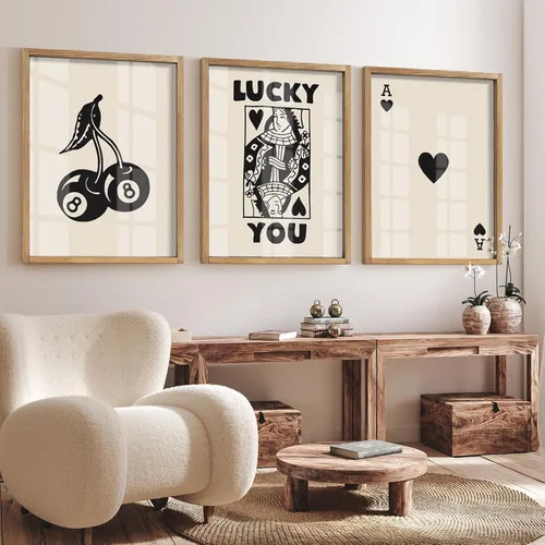 Miniatura 9 de Heiple Juego de 3 carteles enmarcados de póquer para pared, diseño retro de moda, decoración de pared para reina de corazones, arte de pared Negro