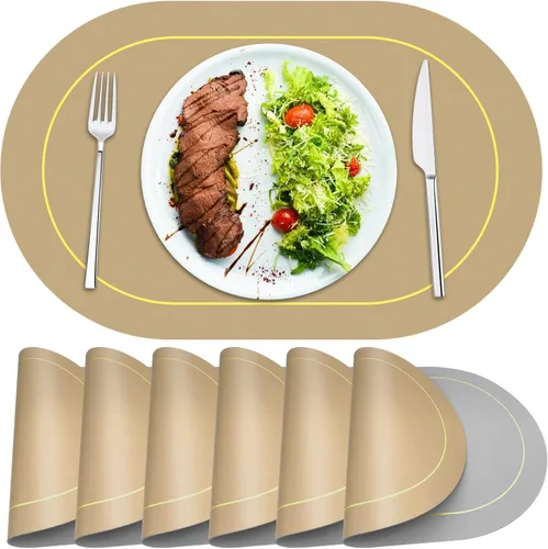 Juego de 6 manteles individuales ovalados de piel sintética para mesa de comedor, manteles individuales lavables de doble cara, resistentes al