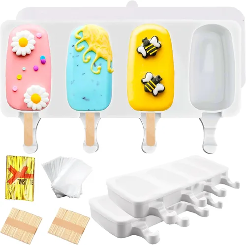 3 moldes de silicona grandes para paletas con tapas, 4 cavidades, moldes ovalados para barra de helado, moldes de silicona con 100 palos de madera,