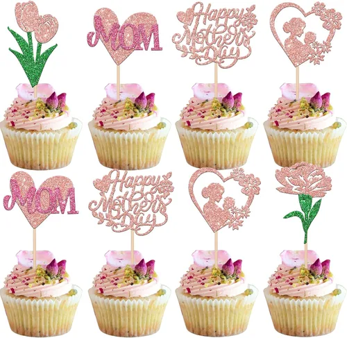 Miniatura 27 de Rsstarxi 1 paquete de decoración para pastel con flores de purpurina con doble corazón Love Mom Best Mom Best Mom Cake Pick Decoraciones para feliz