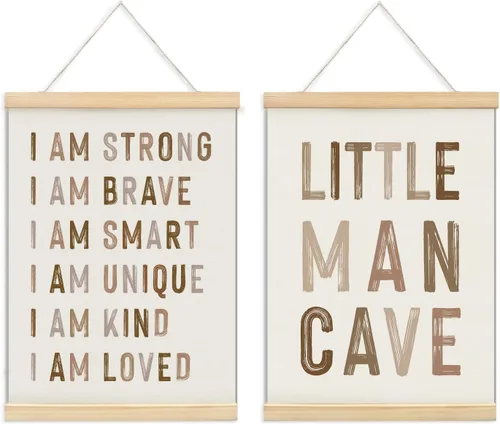 Miniatura 8 de ULEGIE Pósters de decoración para guardería de niños con marcos y colgador de madera, cartel de cueva de Little Man para niños, decoración de Verde