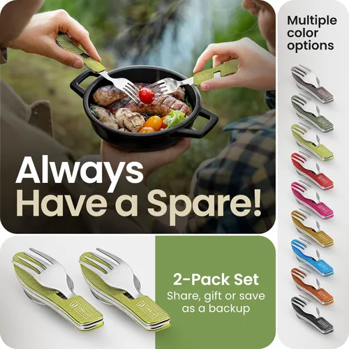Miniatura 5 de Orblue Juego de cubiertos de camping 4 en 1, paquete de 2 - Juego de cuchara, tenedor, cuchillo y abridor de botellas portátil - Cubiertos de acero