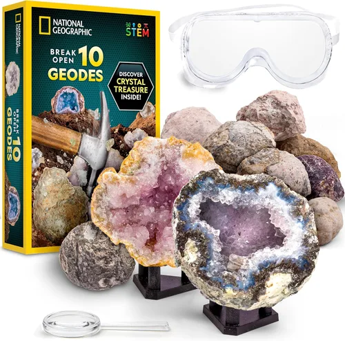 National Geographic Break Open 10 geodas de primera calidad, incluye gafas y 2 soportes de exhibición, gran kit de ciencia STEM, regalo de geología