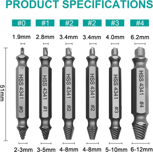 Miniatura 3 de Juego de extractores de tornillos dañados 6 piezas, extractor de tornillos pelados, fácil remoción de tornillos y pernos oxidados rotos, regalos