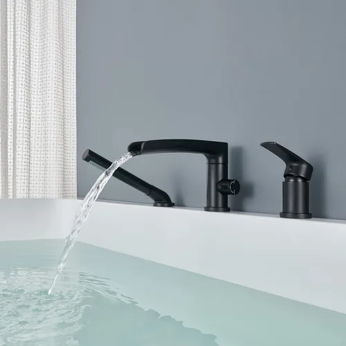 Miniatura 4 de Wowkk Grifo de Bañera Cascada de Bañera Romana Negro Montaje en Cubierta Grifos de Bañera de Latón Relleno de Bañera Grifos de Baño con Ducha de Mano