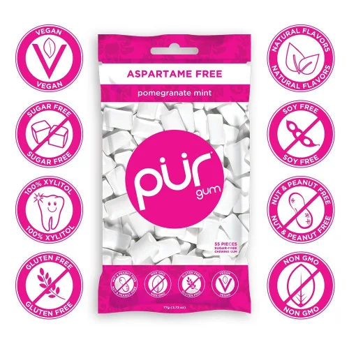 Miniatura 2 de PUR - Chicle de sabor menta y granada elaborado con 100 % xilitol, sin azúcar, aspartamo ni transgénicos, vegano, 55 chicles (paquete de 6 unidades)