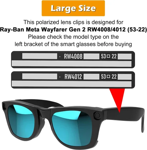 Miniatura 2 de 2 clips polarizados para Ray-Ban Meta Wayfarer y Gen 2 (RW4008/RW4012, talla L, 53-22), clip fotocromático para protección UV Meta Wayfarer Gen 2