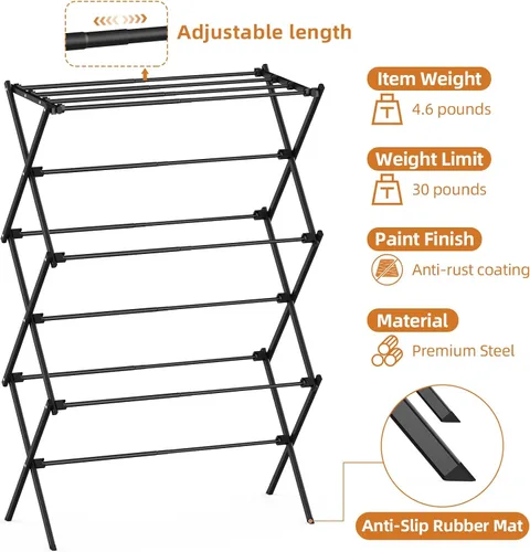 Miniatura 3 de Tendedero plegable de 3 niveles, estante de secado de ropa resistente para interiores y exteriores, 11.8 pulgadas de profundidad x 34.6 pulgadas