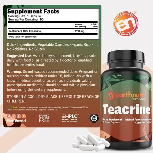 Miniatura 4 de EarthNutri Theacrine Energy and Focus Suplemento – Sin gluten ni aditivos – 1 cápsula diaria – Cápsula vegetal para mejorar el estado de alerta