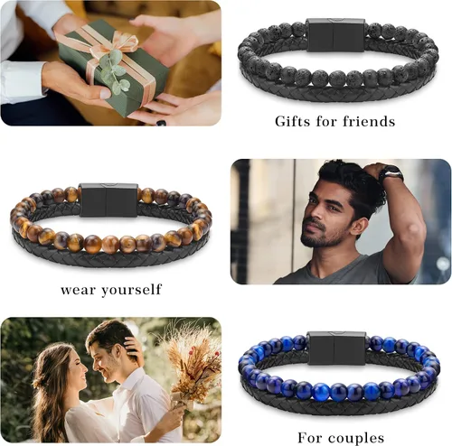 Miniatura 7 de LUXEJEW Gifts for Men - Mens Bracelet, Beaded Leather Bracelets for Men 6mm Tiger Eye Lava Rock Stone Handmade Bracelets Adjustable Stainless Steel