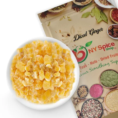 NY SPICE SHOP Trozos de Jengibre Puro Cortados en Cubitos Sin SO2 – (16 Oz.) 1 Libra de Trozos de Jengibre Cristalizado Natural y Dulce sin Sabor