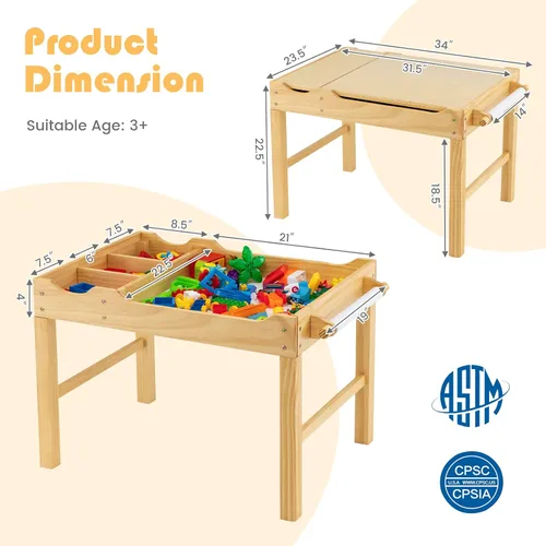 Miniatura 3 de HONEY JOY Mesa para niños, mesa de actividades de madera 2 en 1 con rollo de papel, mesa de bloques de construcción convertible, 3 compartimentos
