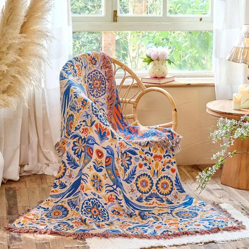 Miniatura 9 de Manta de arrullo boho 60 x 80 pulgadas, manta suave y acogedora 100% algodón para cama, mantas de otoño con decoración floral de pájaros y granja