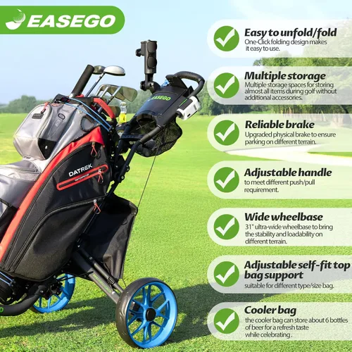 Miniatura 4 de EASEGO Golf Push Cart 3 Wheel : Golf Bag Cart Foldable with Phone Holder/Cup/Umbrella Holder Compact Golf Pull Carts Quick Fold Golf Caddy Push