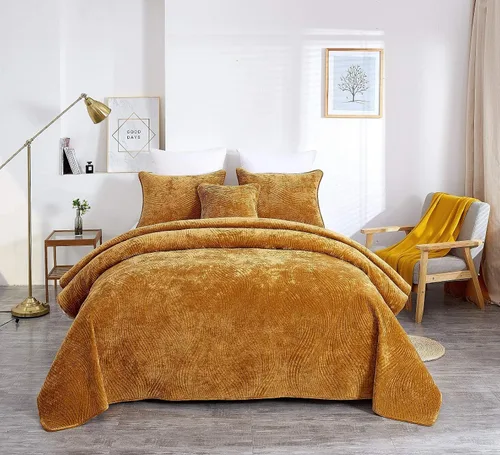 Miniatura 4 de Tache Velvet Dreams - Juego de colcha de terciopelo de terciopelo súper suave, cálido, acogedor, elegante, ondulado, puntada acolchada, color oro