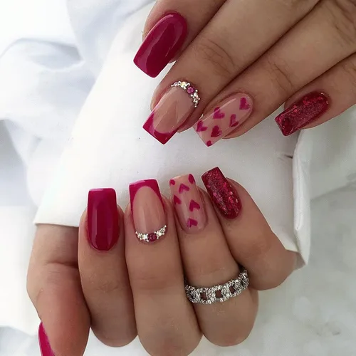 Miniatura 18 de Uñas postizas a presión para San Valentín, uñas postizas cortas cuadradas MABKJLF nude con diseños de labios, cobertura completa, pegamento