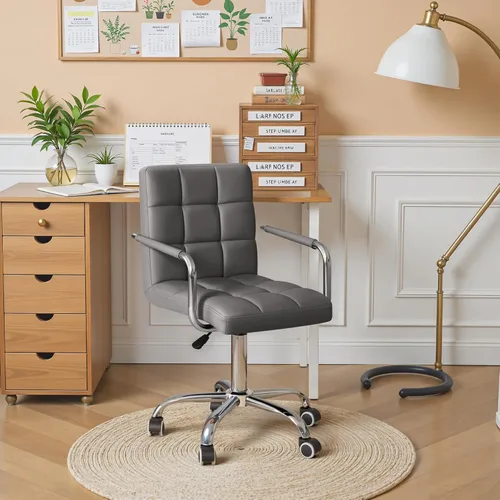 Miniatura 7 de Furmax silla de oficina con respaldo medio de piel sintética, silla ejecutiva moderna, ajustable, silla de escritorio para el hogar, silla de Gris