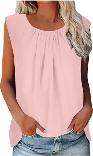 ZZWXWA Women Shirts Flowy Sleeveless Cotton Linen Shirts Tunic Tops to Wear with Leggings Loose Fit Solid Round Neck T-Shirt