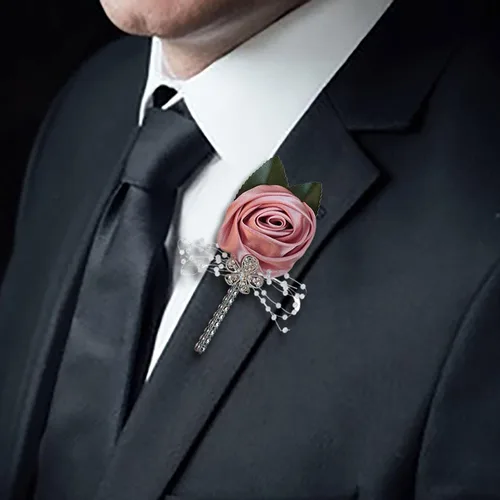 Miniatura 5 de Boutonniere de flores artificiales, paquete de 2 piezas para boda, tela de seda sintética, rosa Boutonniere para iglesia, boda, equipo, novio, Rosa