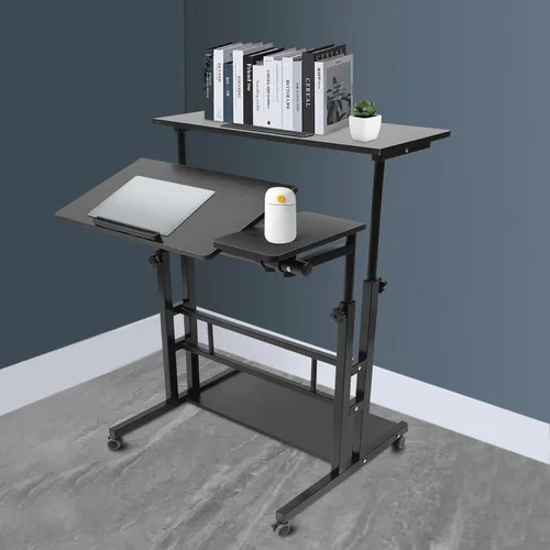 Miniatura 6 de Escritorio móvil de pie ajustable para laptop con ruedas, carrito de almacenamiento para estar de pie o sentado, para estación de trabajo de oficina