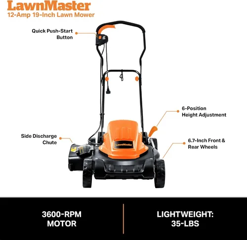 Miniatura 6 de LawnMaster ME1218X - Cortacésped eléctrico de 12 amperios, 19 pulgadas