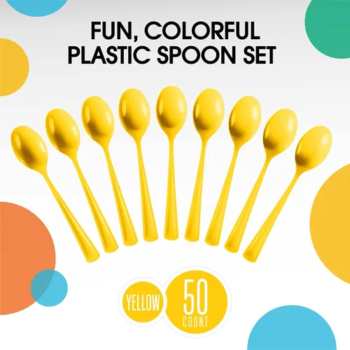 Miniatura 3 de Exquisite Cucharas de plástico amarillas, 50 piezas, cucharas amarillas, utensilios desechables, juego de cubiertos de plástico resistente
