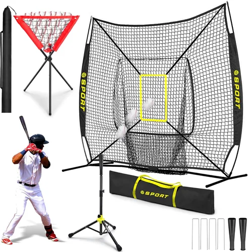 Red de práctica de sóftbol de béisbol de 7 x 7 pies, juego de equipo de entrenamiento de lanzamiento, soporte de pelota de bateo portátil, soporte