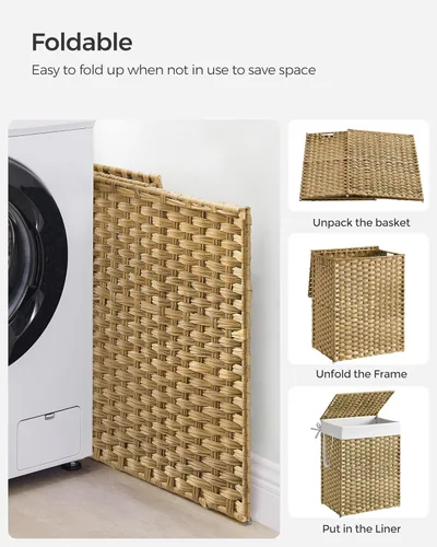 Miniatura 8 de SONGMICS Canasta de lavandería con tapa, cesto de ropa de 23.8 galones (90 L) de ratán sintético con tapa y asas, plegable, forro extraíble