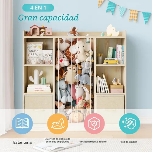 Miniatura 3 de EXPERLAM Organizador de almacenamiento de juguetes 4 en 1 con almacenamiento de animales de peluche, estantería de pino macizo para niños y estante