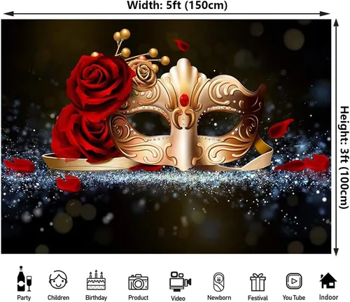 Miniatura 2 de Telón de fondo para fiesta de máscaras, máscara dorada, rosa roja, telón de fondo para fiesta, Mardi Gras, eventos, baile, fondo fotográfico