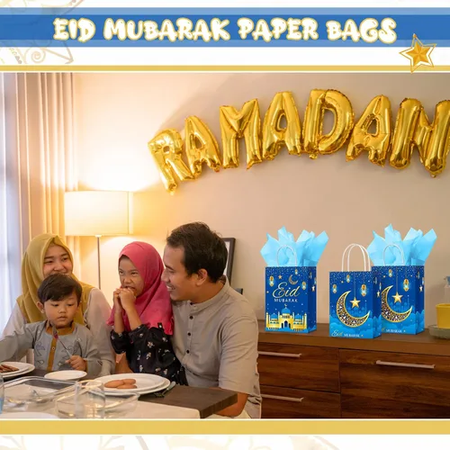 Miniatura 7 de Censen 16 juegos de bolsas de regalo de Eid Mubarak con papel de seda, bolsas de golosinas de Ramadán para suministros de fiesta de Ramadán (azul)