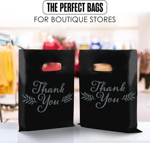 Miniatura 5 de Houseables Bolsas de mercancía Thank You, bolsa de compras al por menor, 16 x 18 pulgadas, 100 unidades, 1.75 mil de grosor, negro, blanco, asas