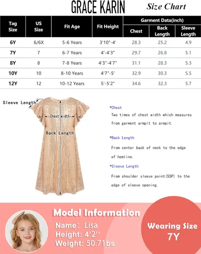 Miniatura 6 de GRACE KARIN Vestido de lentejuelas para niñas, manga corta, con vuelo, silueta acampanada, vestido midi con lazo para el pelo, 5-12 años