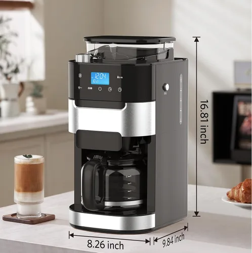 Miniatura 7 de Electactic Cafetera de goteo de 10 tazas con molinillo integrado, moler y preparar programable, máquinas de café con pantalla táctil LED