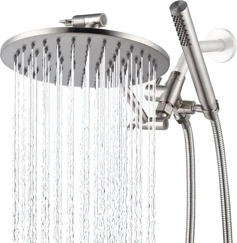 G-Promise Combo de cabezal de ducha doble de metal, cabezal de ducha de lluvia de 8 pulgadas, varita rociadora de mano, desviador suave de 3 vías,