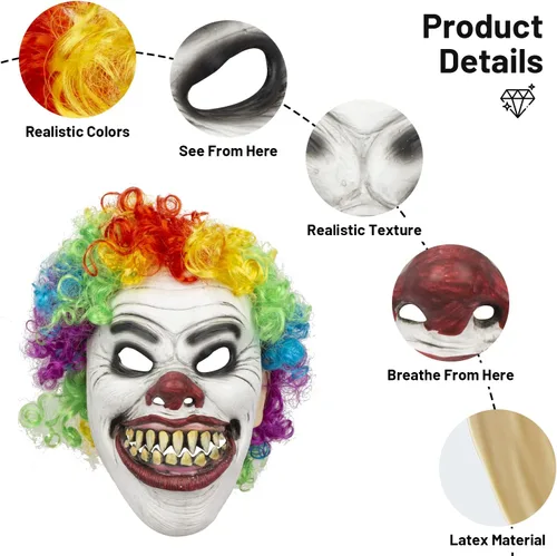 Miniatura 7 de PartyHop Máscara de payaso con peluca de látex de mandíbula móvil de cabeza completa, máscara de terror aterrador, vestido elegante para Halloween
