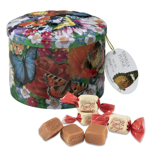 Gardiners of Scotland Dulces de caramelo hechos a mano 200g en lata redonda, Caramelo de vainilla con mariposas