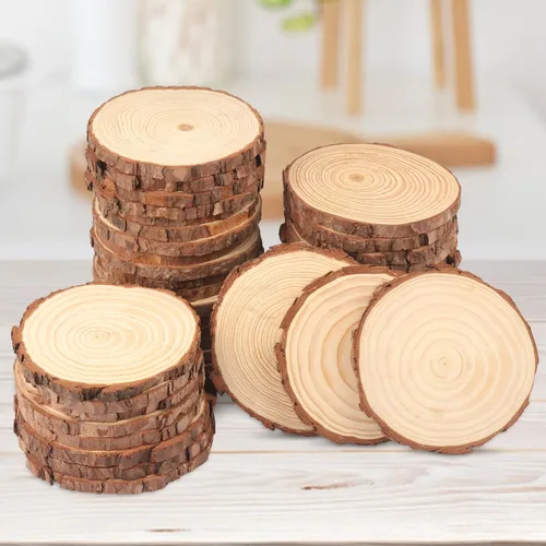 Miniatura 4 de 60 piezas de rebanadas de madera natural de 4.7 a 5.5 pulgadas, círculos de madera de pino sin terminar con cortezas para posavasos, manualidades