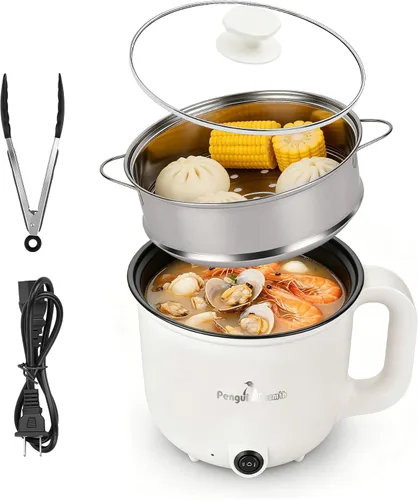 Hot Pot Electric with Steamer, Rapid Noodles Cooker, 1.8L Portable Ceramic Inner Electric Hot Pot, Mini Pot for Egg, Ramen, Dumpling, Soup, Electric
