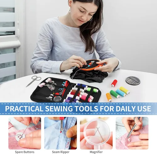 Miniatura 6 de Marcoon Kit de costura para adultos, kit de aguja e hilo con suministros de costura y accesorios que contiene tijeras, cinta métrica, desgarrador