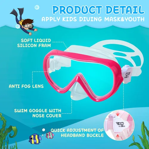 Miniatura 4 de Máscara de natación para niños, máscara de buceo de esnórquel de 180°, gafas de natación antivaho para niños con cubierta para la nariz, gafas
