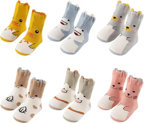 Fanairy Toddler Animal Non Skid Crew Socks with Grips Baby Infant Boy Girl Non Slip Cotton Socks 6 Pairs