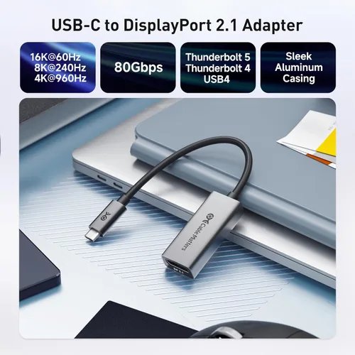 Miniatura 2 de Cable Matters Adaptador unidireccional USB C a DisplayPort 2.1 de 80 Gbps, [16K @60Hz, 8K @240Hz, 4K @960Hz y HDR], Thunderbolt 5/4, USB4 compatible
