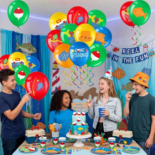 Miniatura 5 de Zomiboo 36 globos de cumpleaños de pesca, globos de látex de 12 pulgadas, decoraciones de fiesta de pesca para O-fishally un cumpleaños, baby