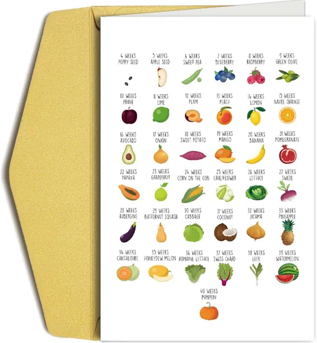 Divertida tarjeta de baby shower de frutas y verduras, tarjeta de felicitación de embarazo para pareja, nueva tarjeta de bebé para mamá, papá,
