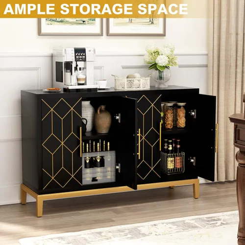 Miniatura 9 de HLR Gabinete de Acento con 4 Puertas y Estantes, Gabinete Aparador Buffet con Ribete Dorado, Almacenamiento Negro Moderno para Sala de Estar